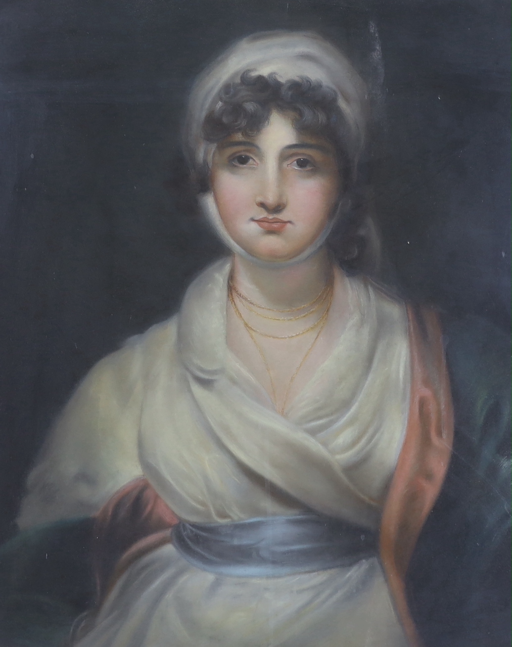 After Sir Thomas Lawrence, pair of pastels, Mrs Siddons, as Mrs Haller in ‘The Stranger’ and Miss Frances Harfield after Romney, 74 x 61cm